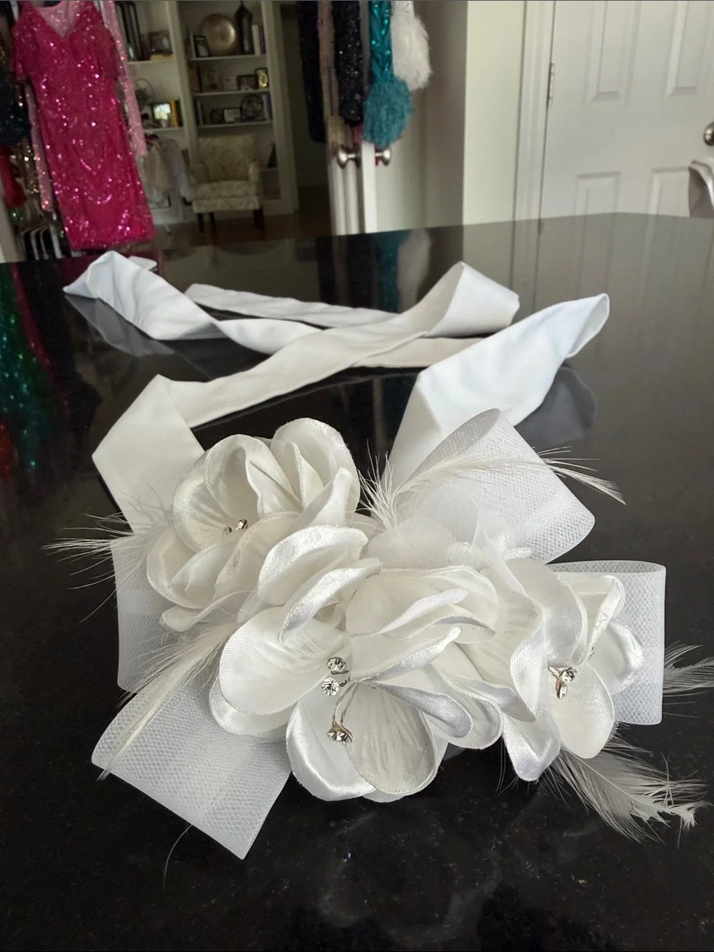 White Floral Satin Sash Belt with Crystal Accents